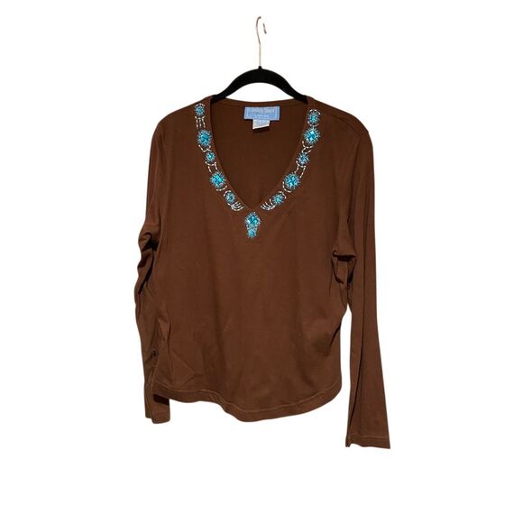 Country tease women’s brown Beaded Sequin, V-neck T-shirt s/XL - Picture 1 of 4